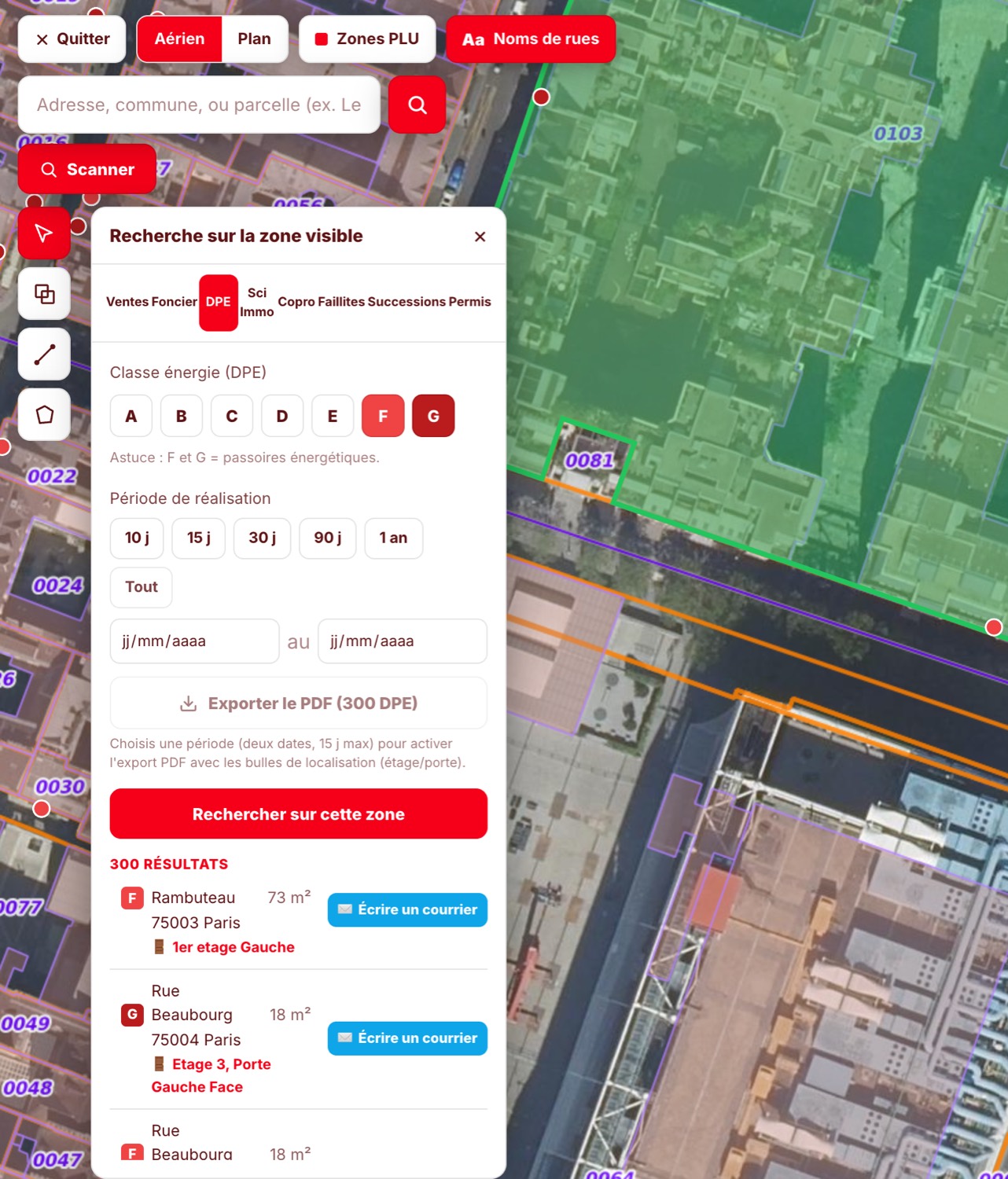 ImmoCadastre, scanner DPE filtré sur les étiquettes F et G : 300 résultats sur la zone, chaque logement avec sa surface, son étage et sa porte, et un bouton Écrire un courrier.