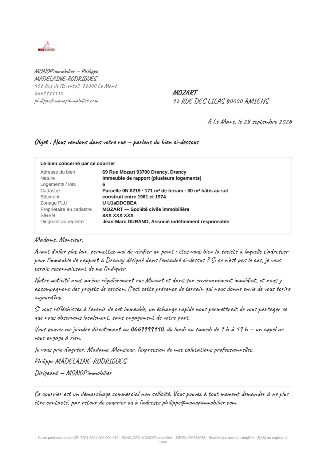 La lettre exportée en PDF : logo de l'agence, expéditeur, destinataire, objet, encadré du bien avec adresse, nature, lots, cadastre, année de construction, zonage PLU, propriétaire, SIREN et dirigeant, puis le corps de la lettre en écriture manuscrite.