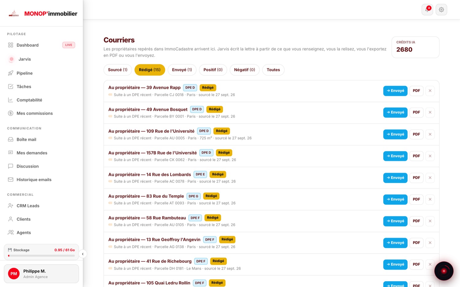 Menu Courriers : files Sourcé, Rédigé, Envoyé, Positif et Négatif, et quinze lettres rédigées au propriétaire, chacune avec son adresse, son étiquette DPE, sa parcelle et ses boutons Envoyé et PDF.